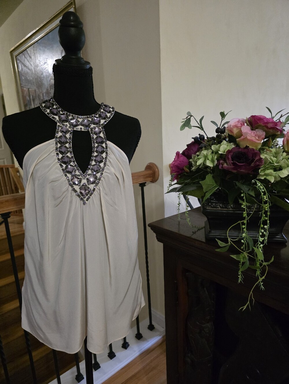 bebe Embellished Ivory Halter Top Size M
